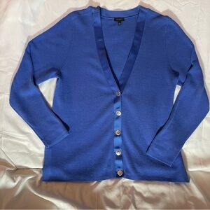 Talbots Blue V-Neck Cardigan, Ribbon Trim, Silver-Toned Buttons, Size Large